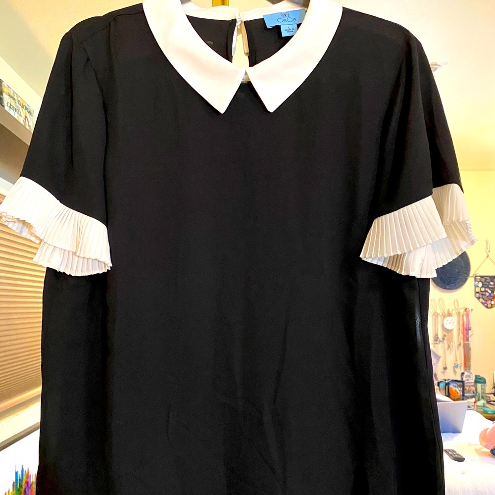 CeCe black blouse with white Peter Pan collar